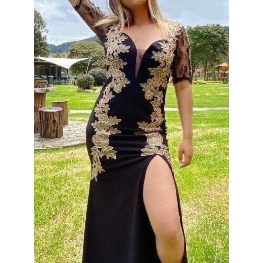 Black Formal Gown Dress Lace Gold Floral Maxi Sexy Illusion Mermaid Party Cruise
